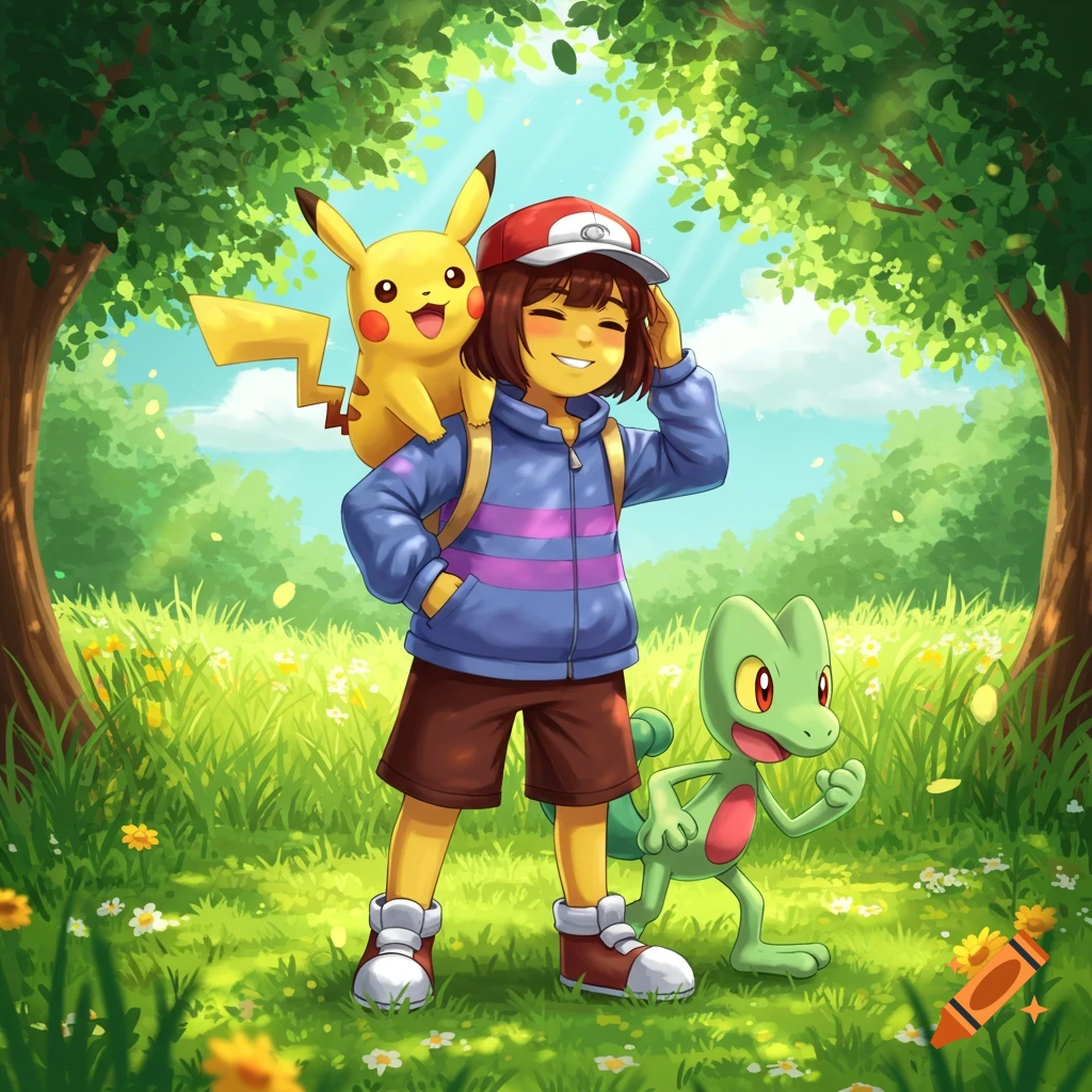 Cartoon character Frisk as a Pokemon trainer with Pikachu on their shoulder and Treecko beside them in a sunny, green field.