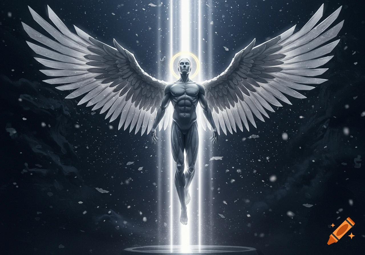 A majestic white-winged angel figure with a halo floats upward in a beam of light against a dark, starry background.