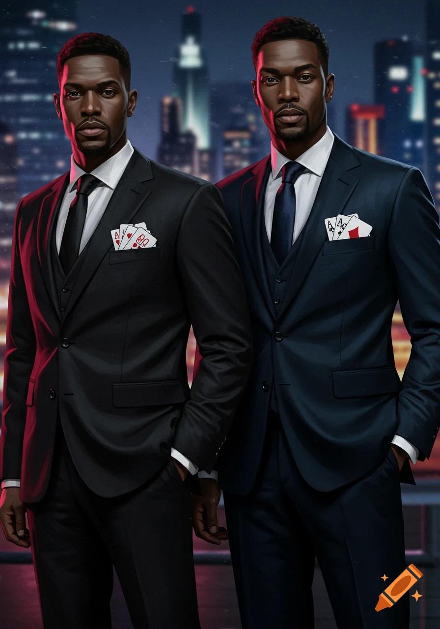 Two men in suits with Ace cards in their pocket squares stand before a blurred city night.