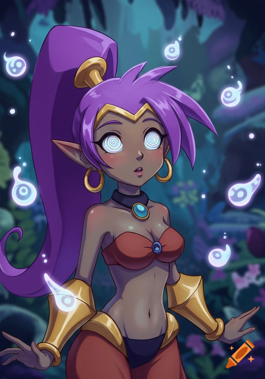 A cartoon character with purple hair and spiral eyes, wearing a red top and genie pants, in a dark, mystical forest with glowing spirits.
