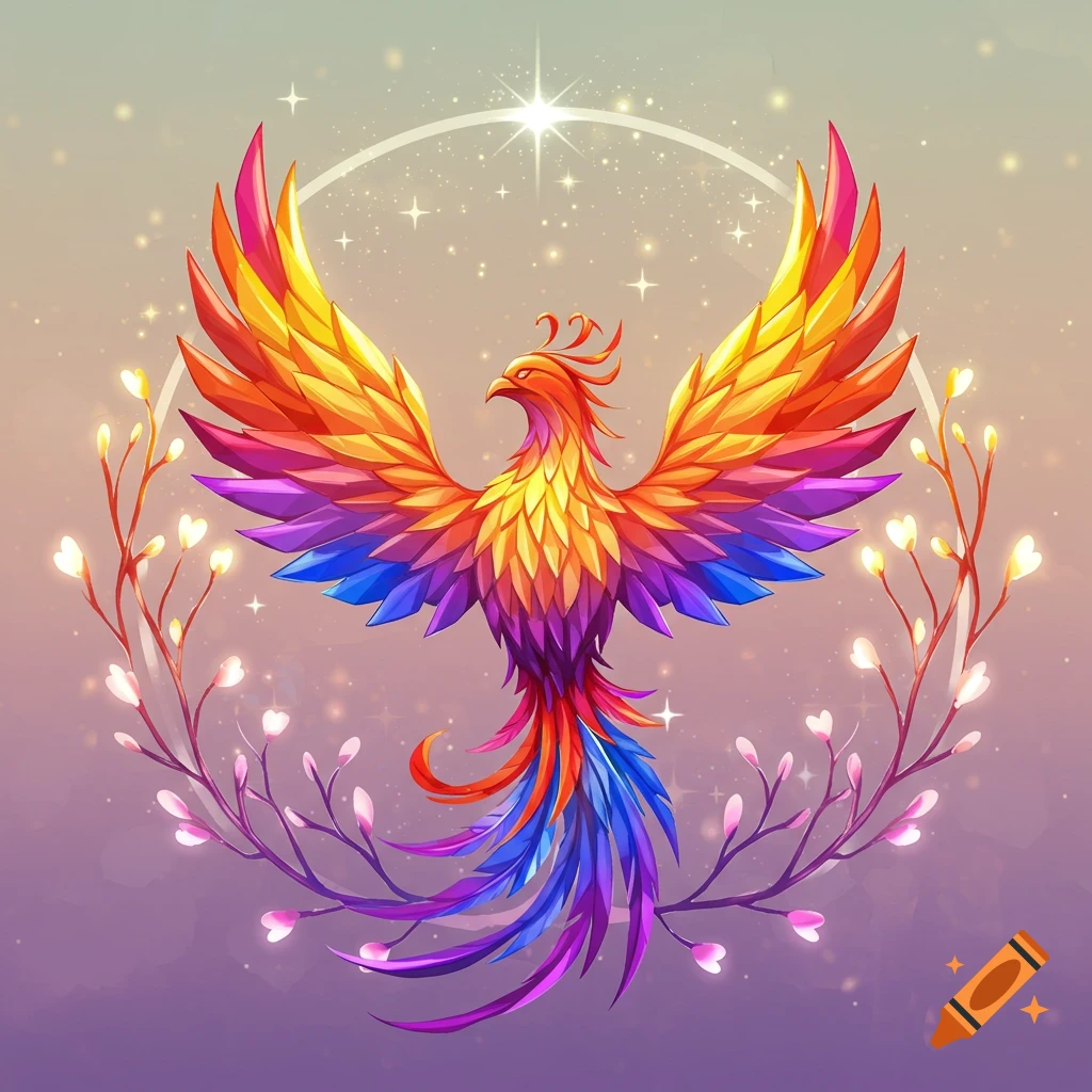 A vibrant, colorful phoenix with outstretched wings, surrounded by glowing branches and stars, in a mythical art style.