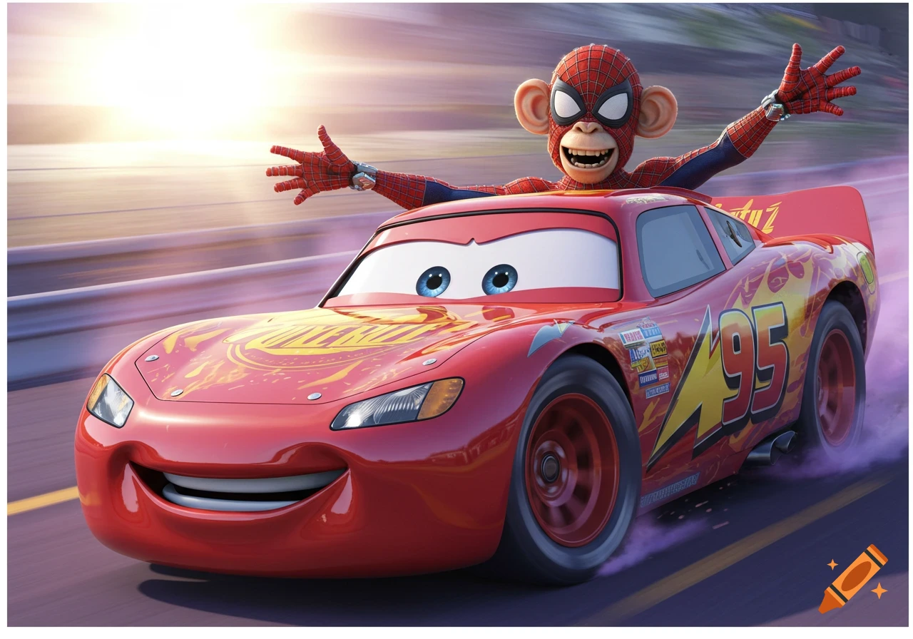 A cartoon monkey in a Spider-Man suit sits in a red Lightning McQueen race car, speeding on a track with purple smoke trailing.