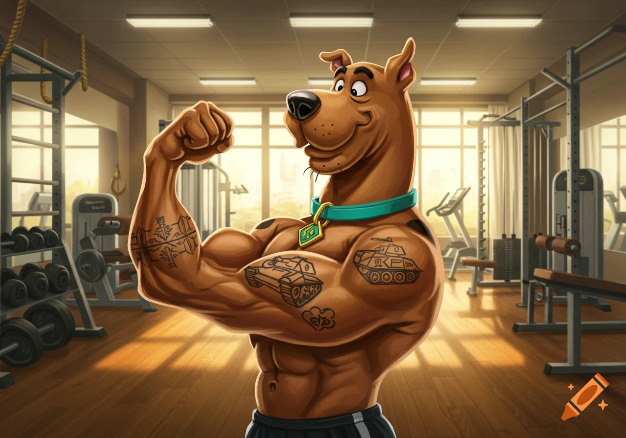 Scooby Doo, with exaggerated muscles and tattoos, flexing his biceps in a bright gymnasium.