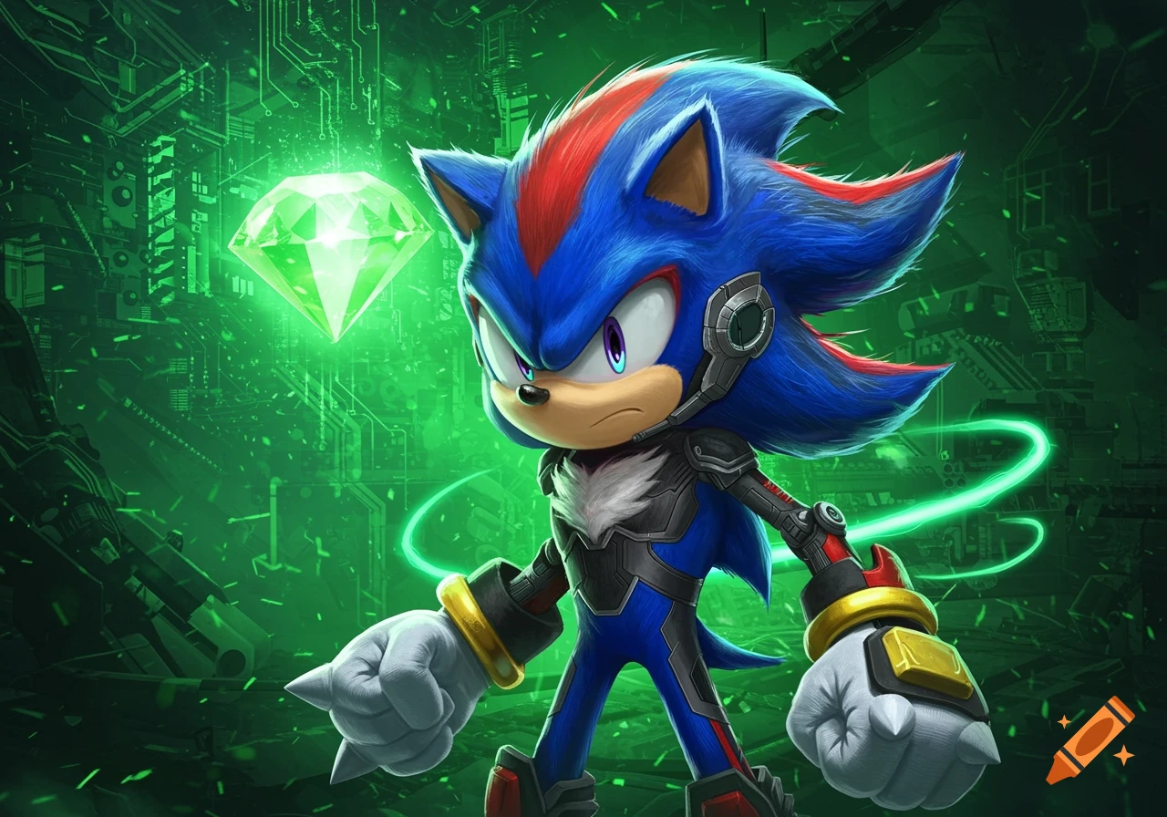 A blue and red hedgehog-like character wearing a black robotic suit stands in a green, tech-filled environment with a glowing green emerald.