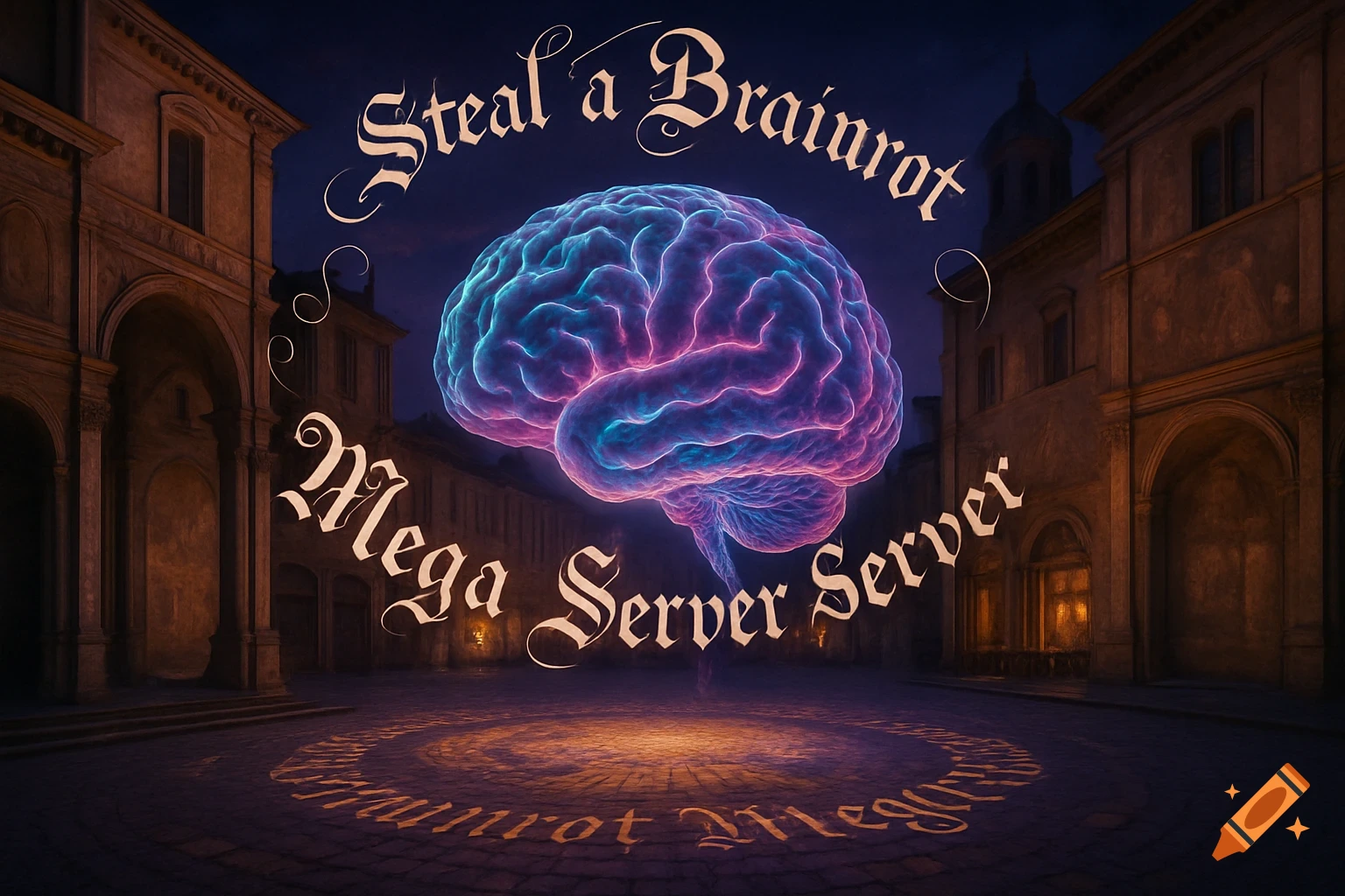 A glowing neon brain floats in a dark Italian city square with "Steal a Brainrot Mega Server" written in calligraphy.