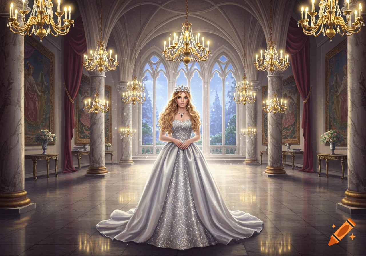 A princess in a sparkling silver gown stands in a grand, ornate ballroom with many chandeliers and large windows.