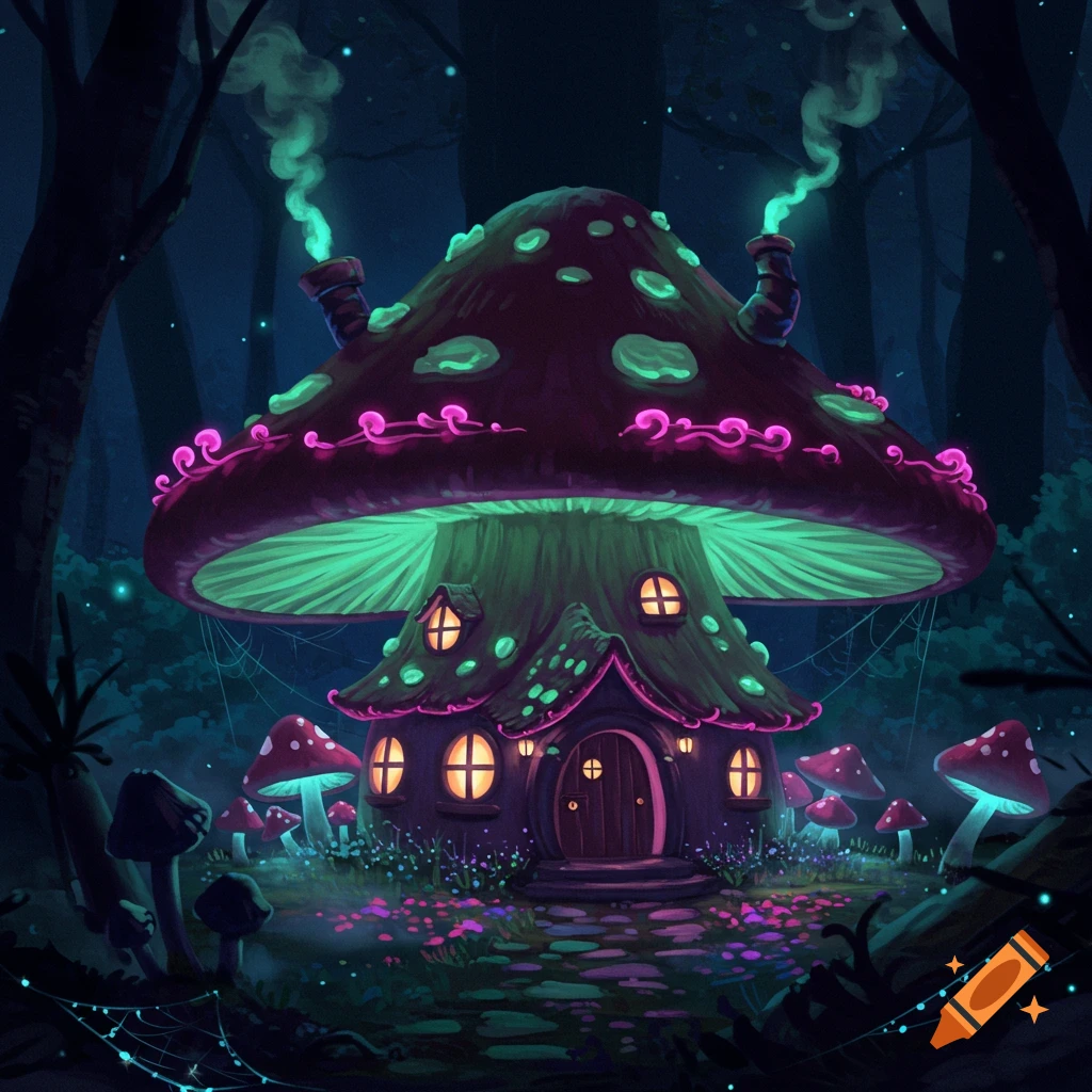 A fantastical mushroom house glows with neon pink and green lights in a dark, enchanted forest.
