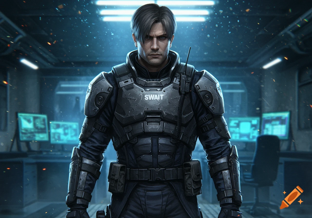 A determined man in dark SWAT-like armor stands in a high-tech room with glowing monitors, digital art style.