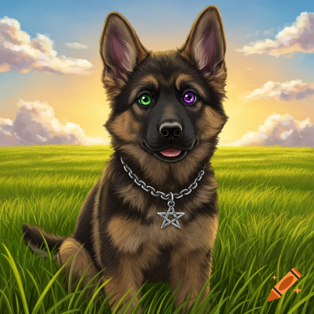 A German shepherd puppy with one green eye and one purple eye sits in a grassy field, wearing a chain collar with a silver five-pointed star.