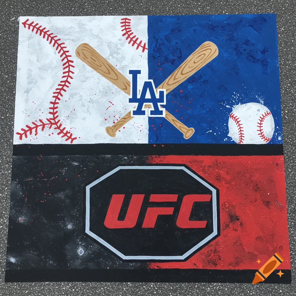 A painted parking spot design featuring a top section for the Los Angeles Dodgers with crossed bats, LA logo, and baseball, and a bottom section for UFC with its logo on black and red.