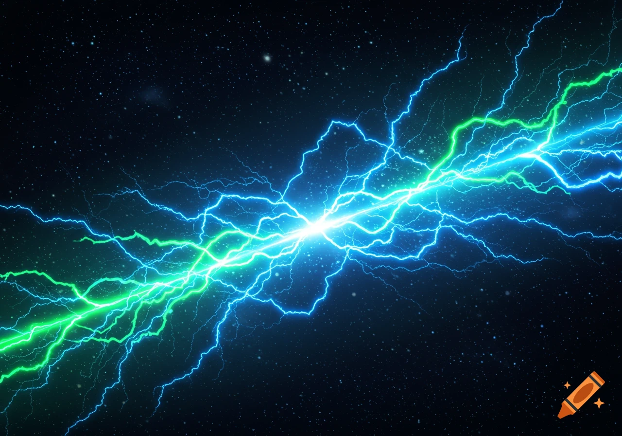 A powerful burst of green and blue lightning or electricity crackles across a dark, starry cosmic background, glowing brightly at its center.