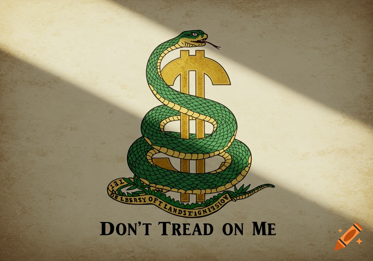 An illustration in the style of the Gadsden flag featuring a green coiled snake around a golden dollar sign on a parchment-like background with sunlight rays. The text "DON'T TREAD ON ME" is at the bottom.