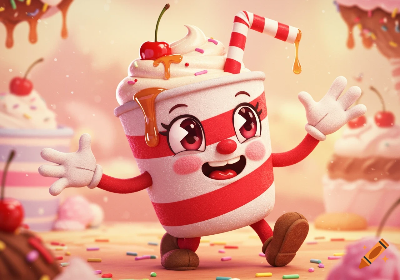 An anthropomorphic candy-striped soda cup with whipped cream hair, a cherry hat, and red-striped straw arm, smiling and walking in a dessert landscape.