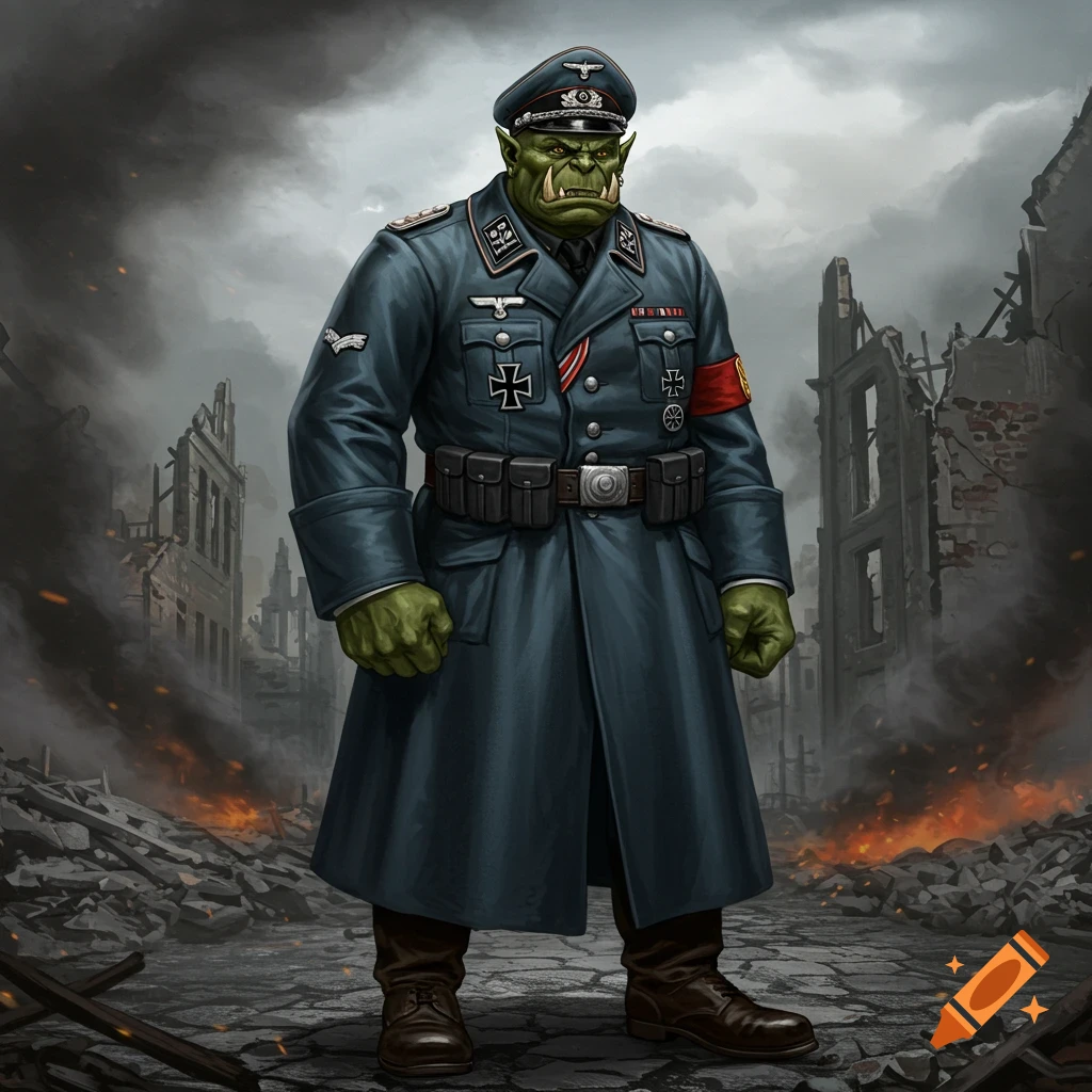 An intimidating green orc in a full World War II German officer's uniform stands in a destroyed city with smoke and fires.