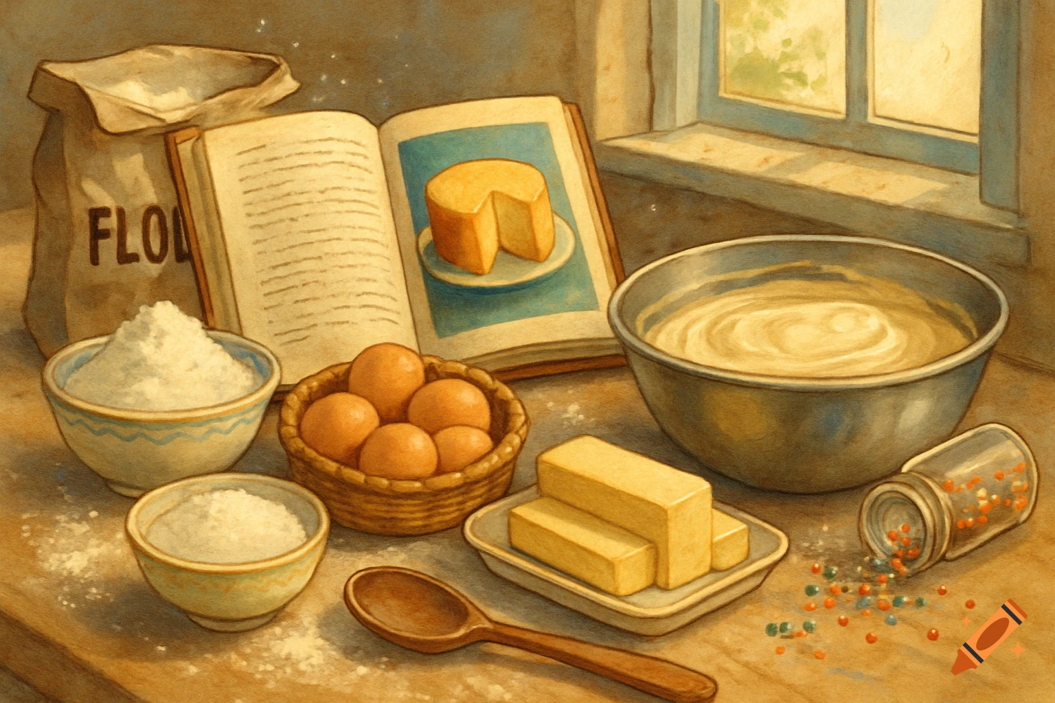 Painterly still life of baking ingredients including flour, eggs, butter, and batter on a wooden counter next to an open cookbook and a sunlit window.