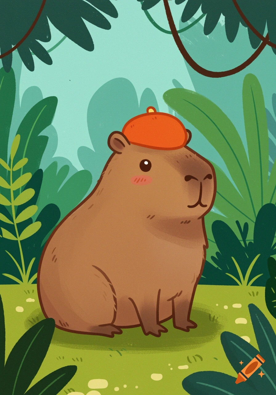 A cute cartoon capybara wearing a small orange hat, sitting in a lush green jungle.