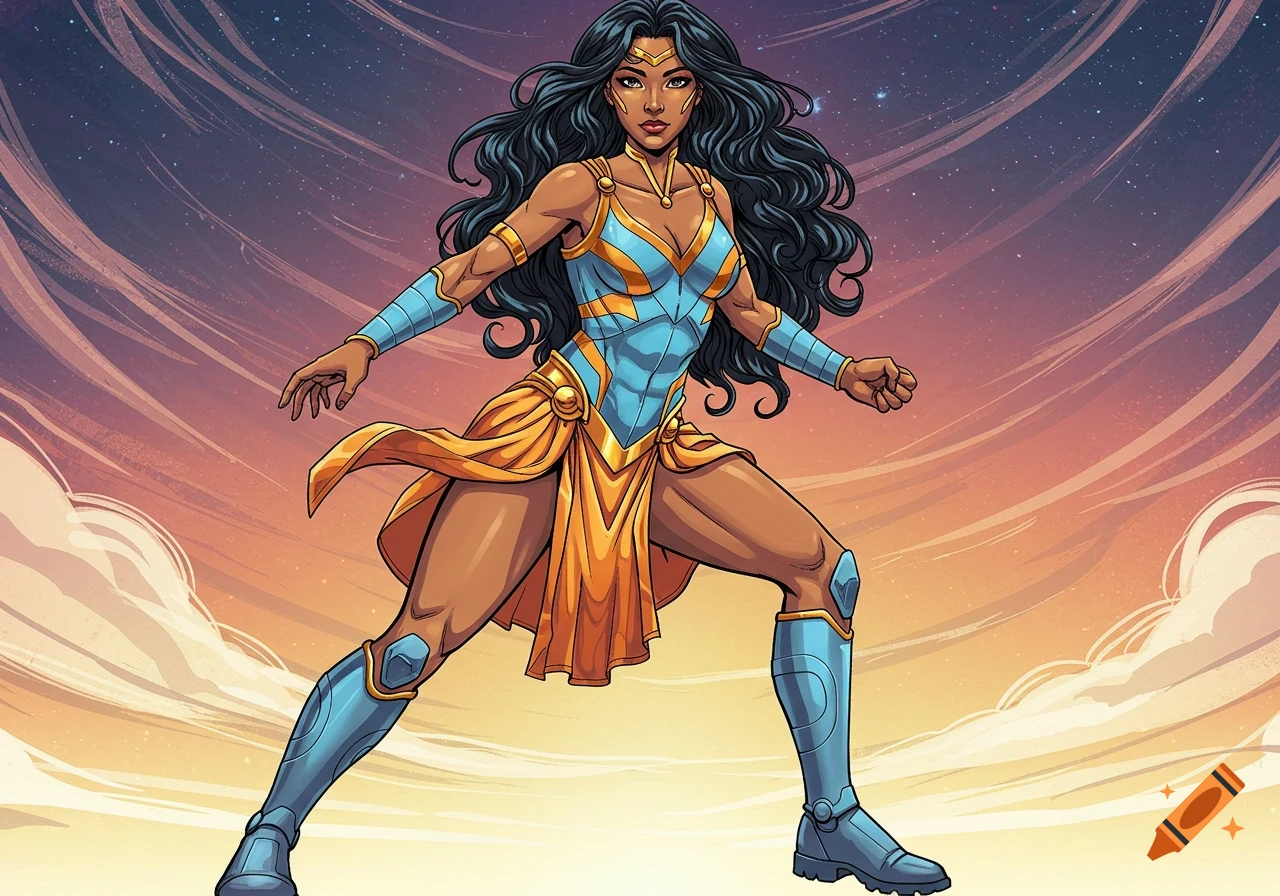 A superheroine with dark hair and tan skin in a light blue, orange, and gold Greek-inspired comic book outfit stands in a dynamic pose against a cloudy, starry sky.