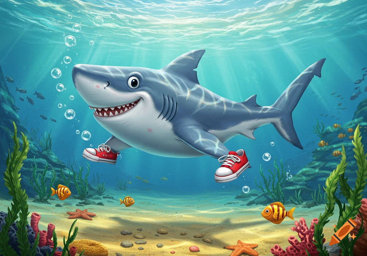 A cute, smiling cartoon shark wearing red shoes swims underwater with fish, coral, and seaweed.