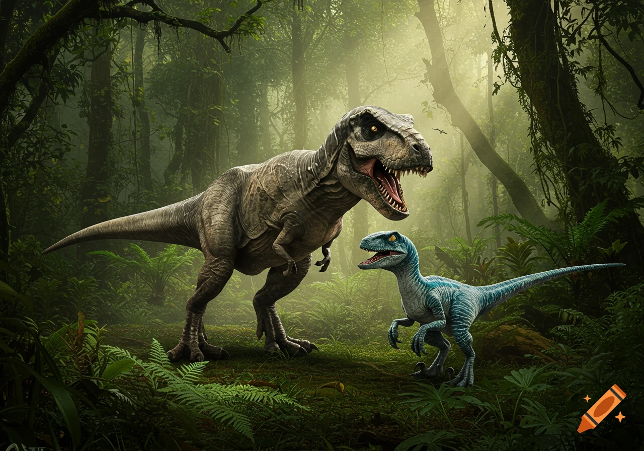 A large grey Tyrannosaurus Rex and a smaller blue Velociraptor stand in a lush, misty jungle with sunlight.
