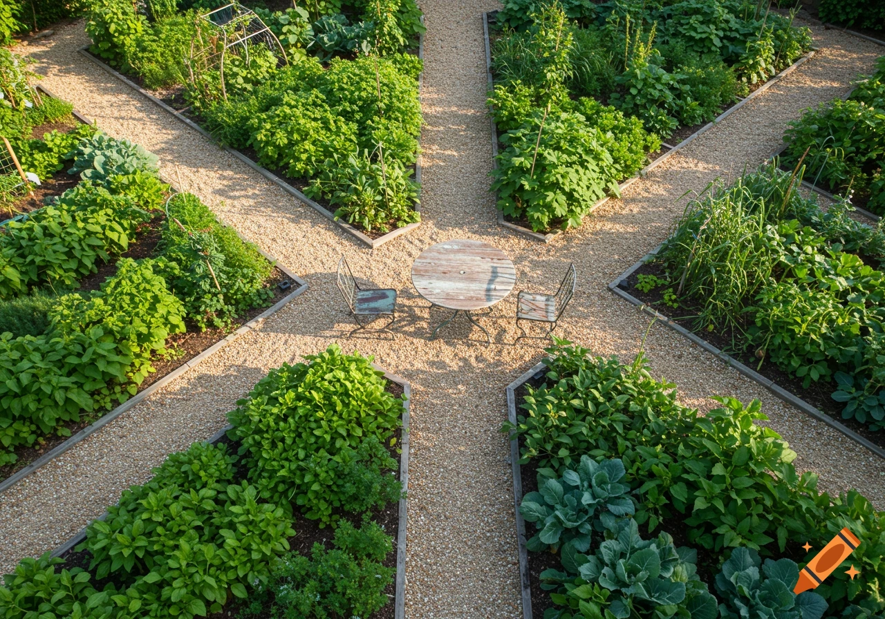 Overview of a lush kitchen garden with diagonal gravel paths converging at a small wooden table and two chairs in the center.