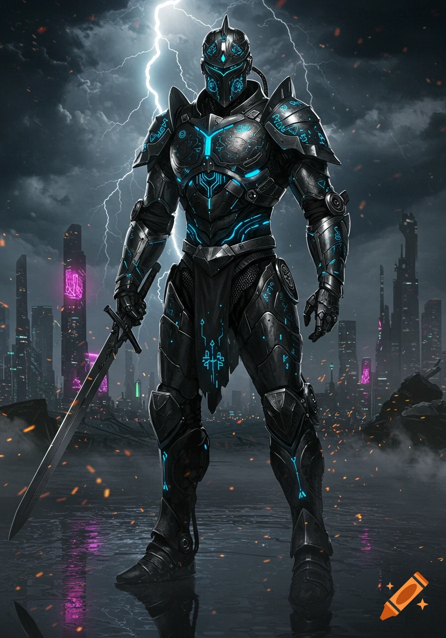 A cyber black knight in glowing blue armor with a sword stands in a futuristic city under a stormy, lightning-filled sky, with a dark, reflective foreground.