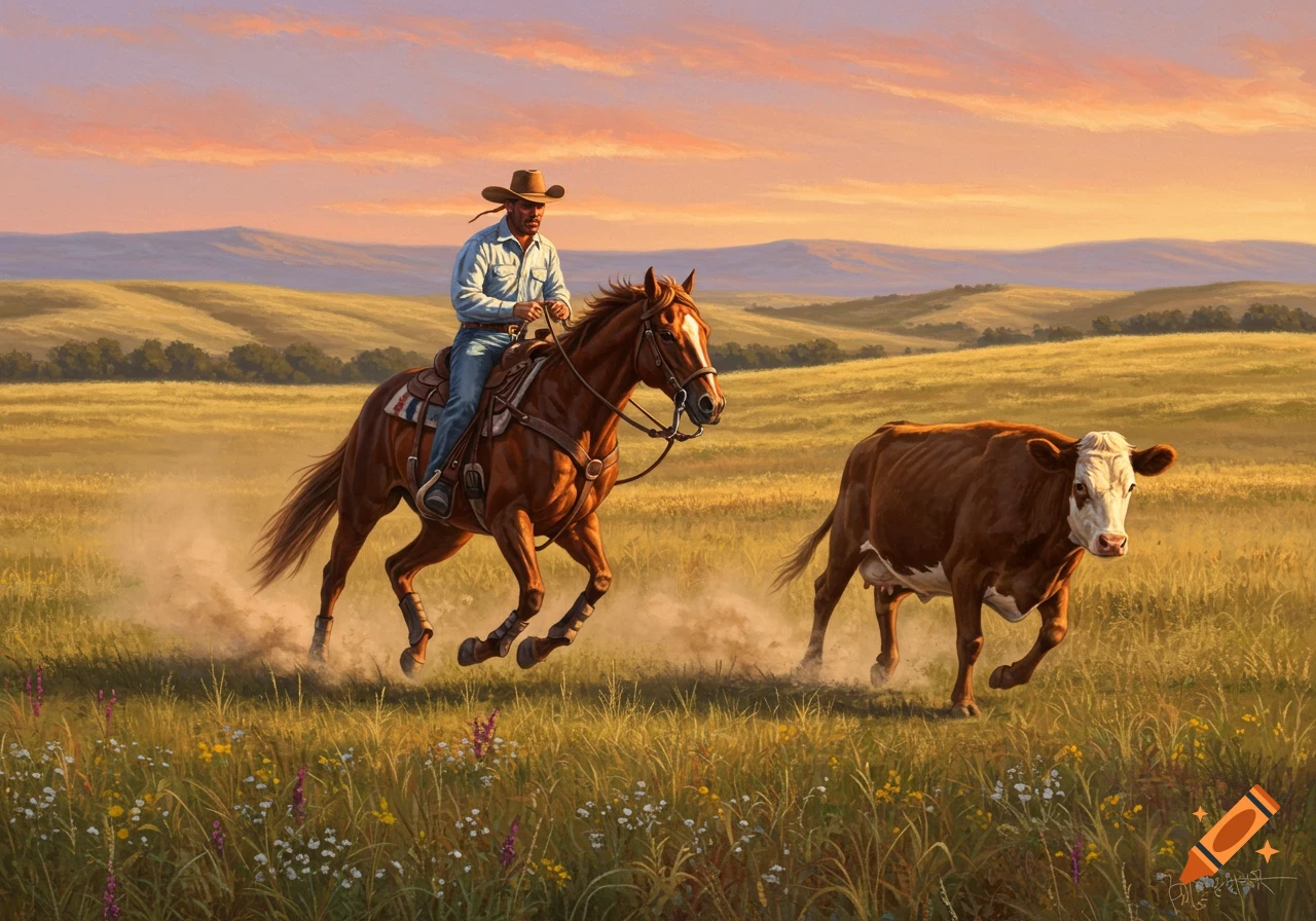 A cowboy on a brown horse gallops through a grassy field, herding a brown and white cow at sunset. Hills line the distant horizon.