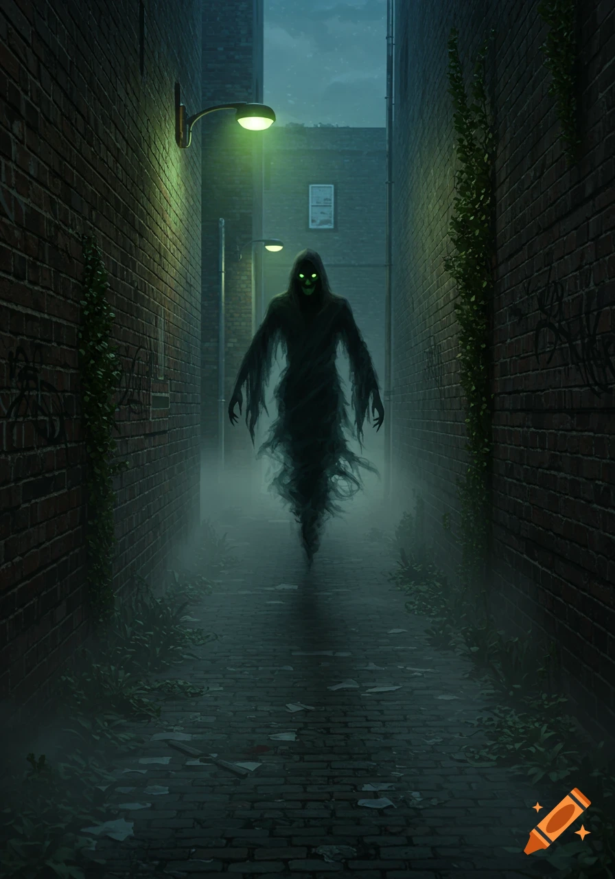 A dark alleyway at night, shrouded in mist, with a glowing-eyed, hooded, smoke-like ghost figure floating forward.