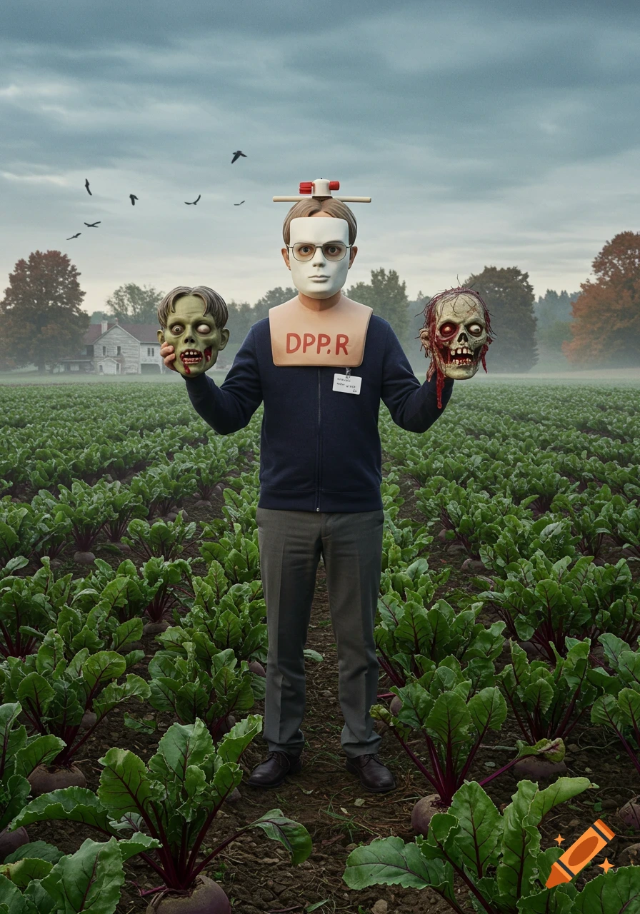 A man in a field of beets wears a white mask and a beige bib with "DPP.R" on it, holding a green zombie head and a bloody zombie skull.