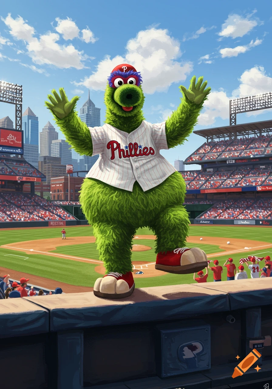 The Philadelphia Phillies mascot, the Phanatic, stands on a railing in a baseball stadium with his arms raised, wearing a Phillies jersey. The field and cheering crowd are visible behind him, with city buildings in the distance under a blue sky.