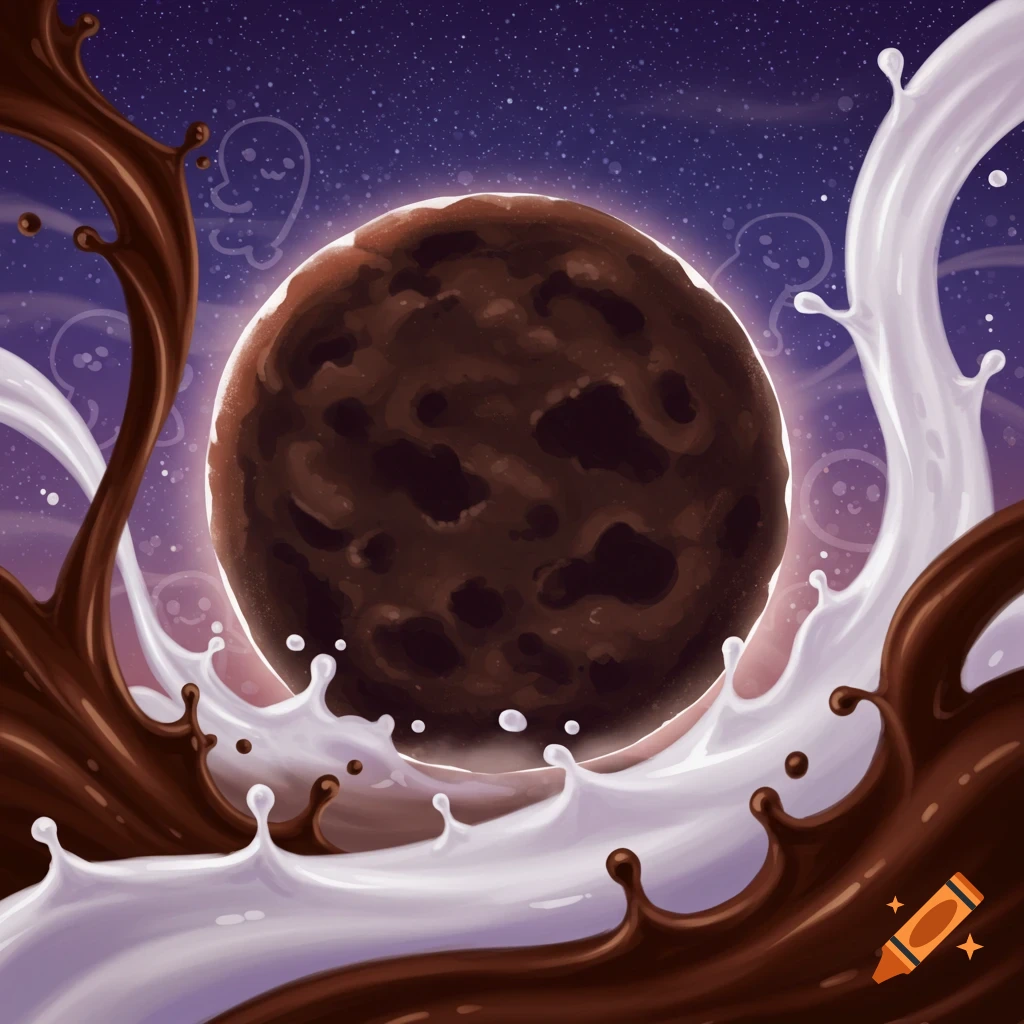 An illustrated chocolate cookie planet surrounded by chocolate and milk splashes, against a starry purple night sky with faint ghost outlines.