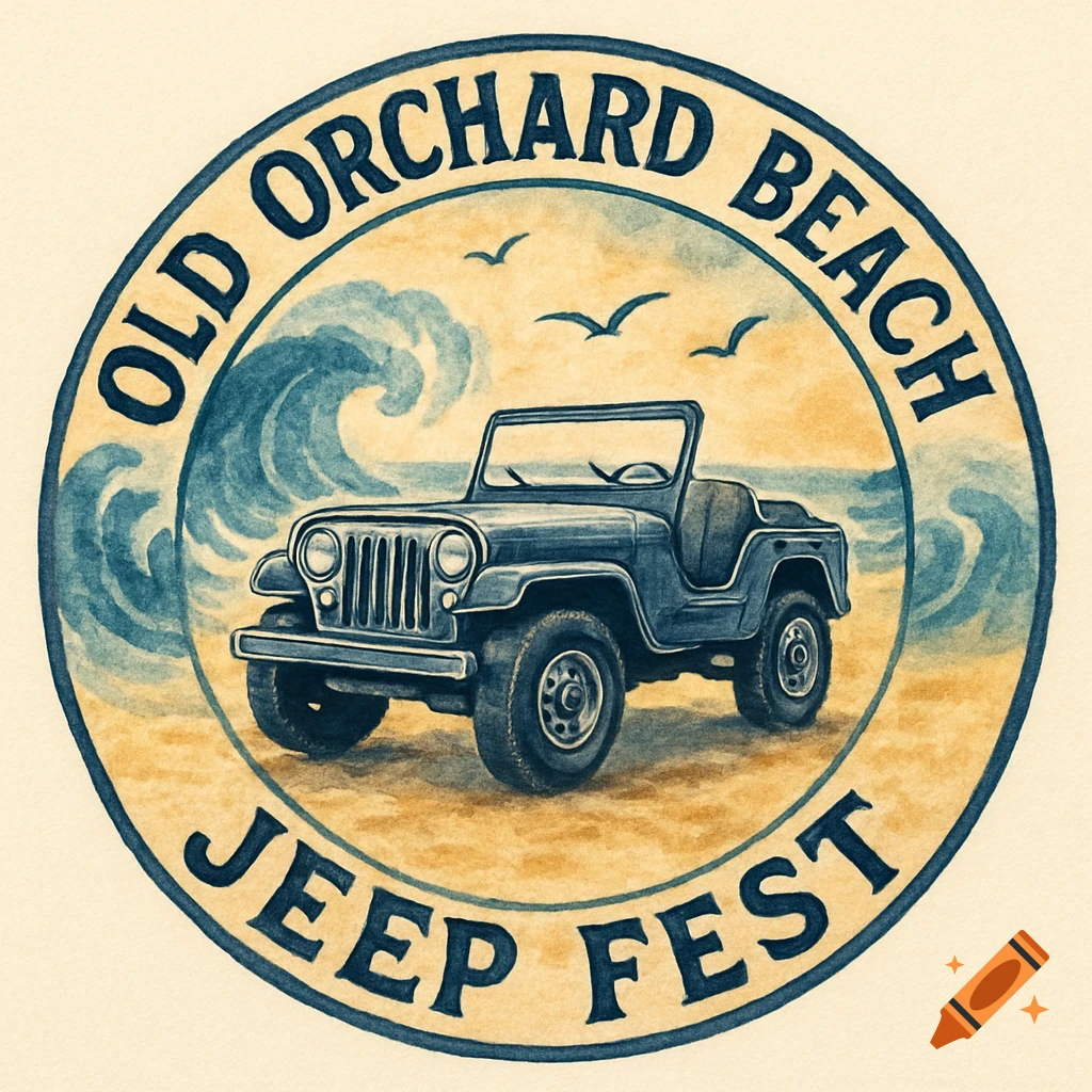 Round logo for Old Orchard Beach Jeep Fest featuring a dark blue Jeep on a sandy beach with blue waves and seagulls, in a watercolor style.