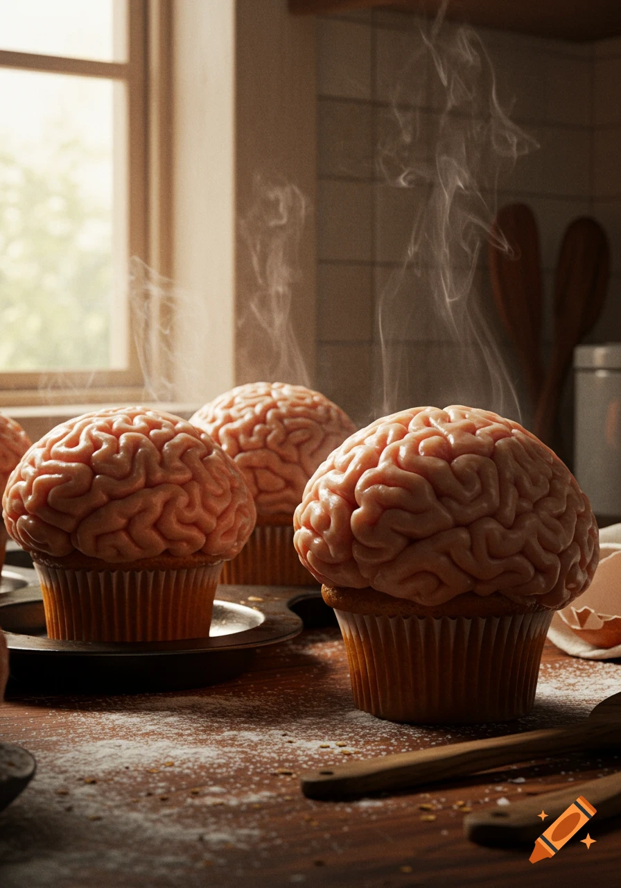 Photorealistic image of brain-shaped muffins steaming on a kitchen counter, with scattered flour and baking utensils.