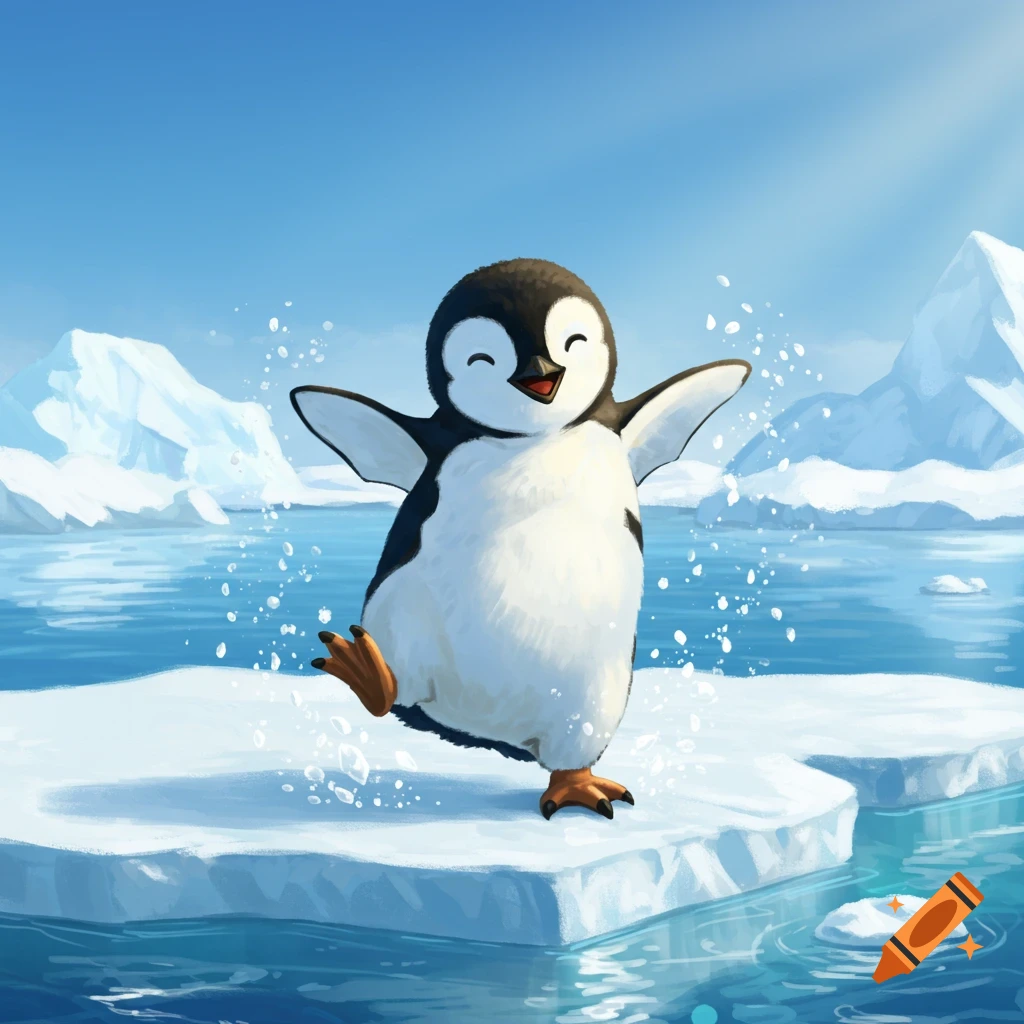 A happy cartoon penguin stands on an iceberg, splashing water with its flippers, in a bright blue arctic scene.
