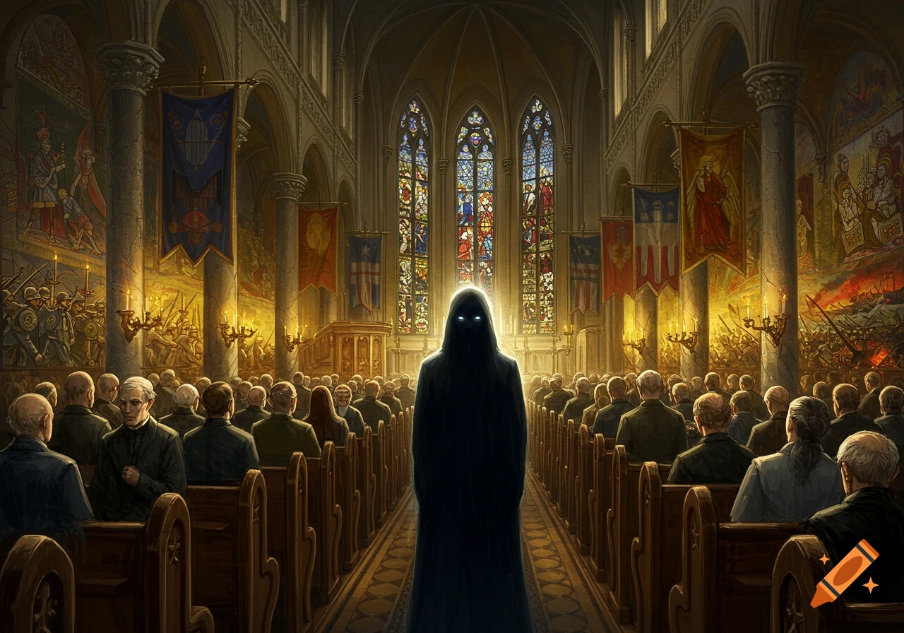 A mysterious hooded figure with glowing eyes stands at the front of a grand, gothic church, facing a seated congregation. Murals depicting war scenes adorn the walls.