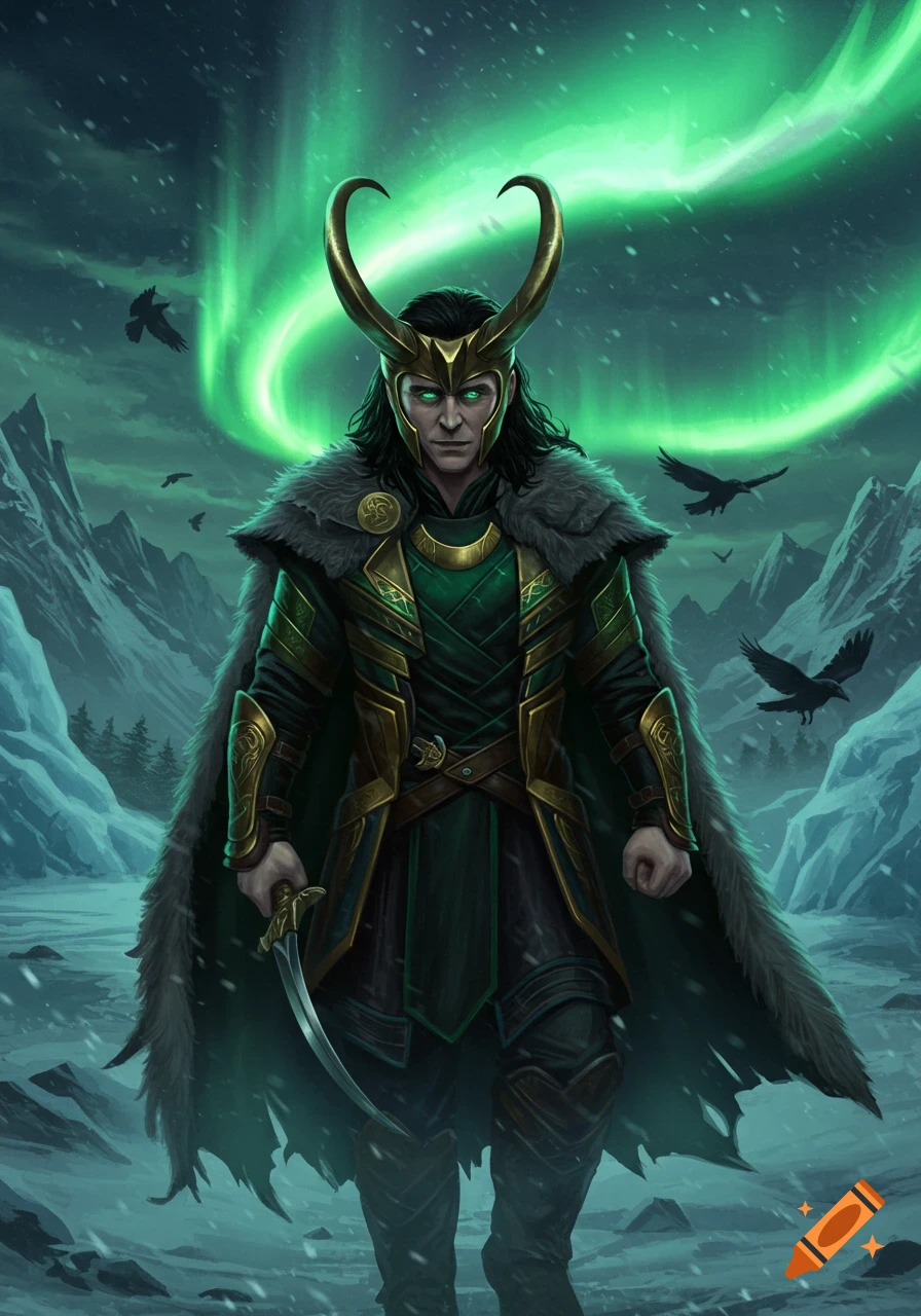 Loki in green and gold armor, fur cloak, and horned helmet, holding a dagger in a snowy landscape under green aurora borealis.