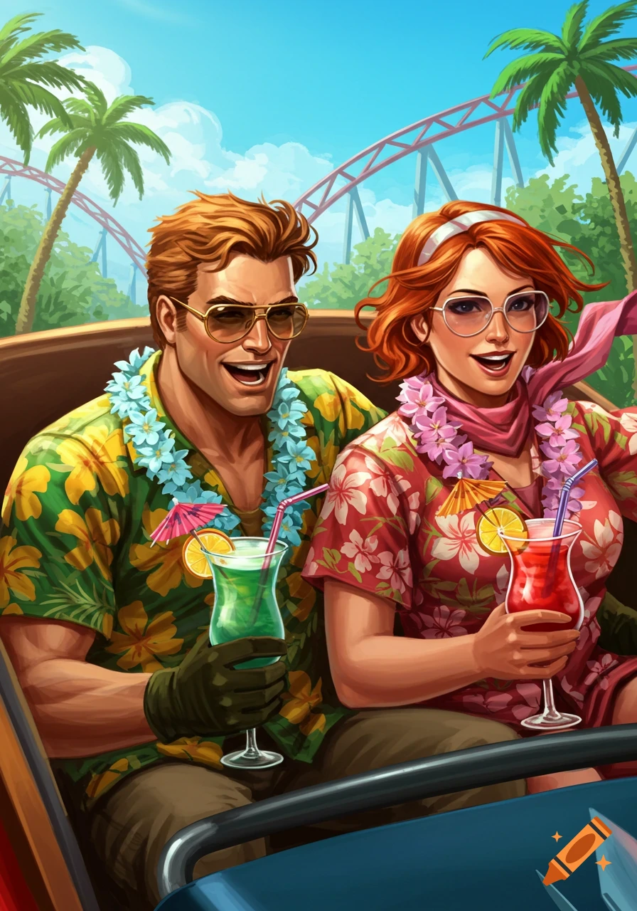 Cartoon of a smiling man and woman in Hawaiian shirts, wearing leis and sunglasses, riding a roller coaster with cocktails.