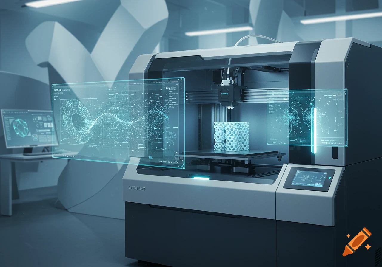 A modern 3D printer in a futuristic lab with glowing holographic displays showing complex data and schematics. The printer has 'SIEMENS' branding on its front.