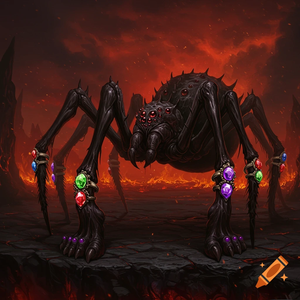 A demonic-looking black spider with many red eyes stands on a rocky platform in a fiery, hellish landscape. Its eight legs end in feet with multiple toes adorned with colorful jeweled rings.