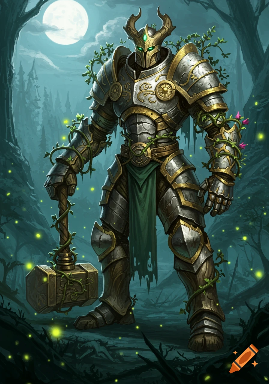 An imposing armored knight or golem covered in green vines with glowing eyes, holding a vine-wrapped hammer in a dark, moonlit forest.