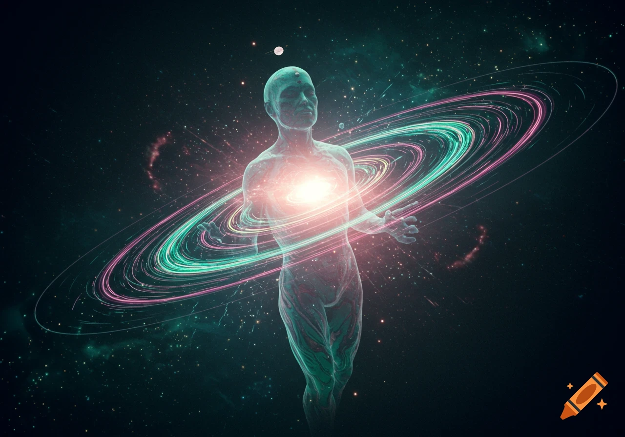 A luminous, ethereal humanoid figure stands amidst a star-filled galaxy, with swirling rings of light around its chest.