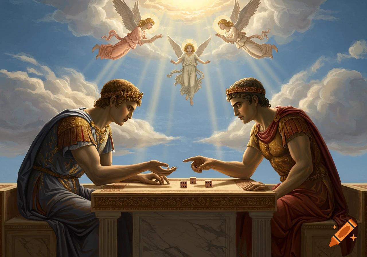 Two men in classical attire play dice as angels fly above them in a bright sky, in a painting style.