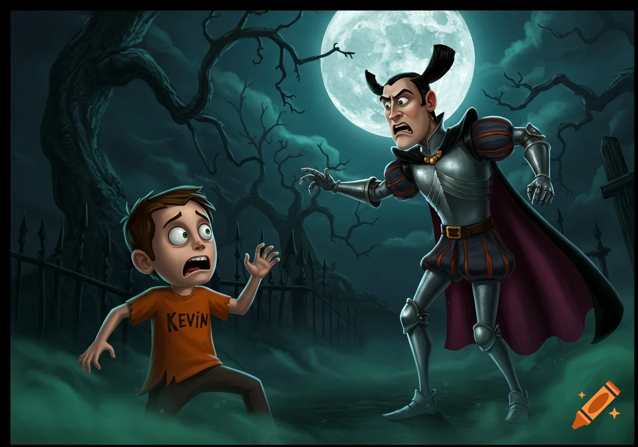 A scared cartoon boy named Kevin confronts a vampire-like figure in armor under a full moon in a spooky graveyard.