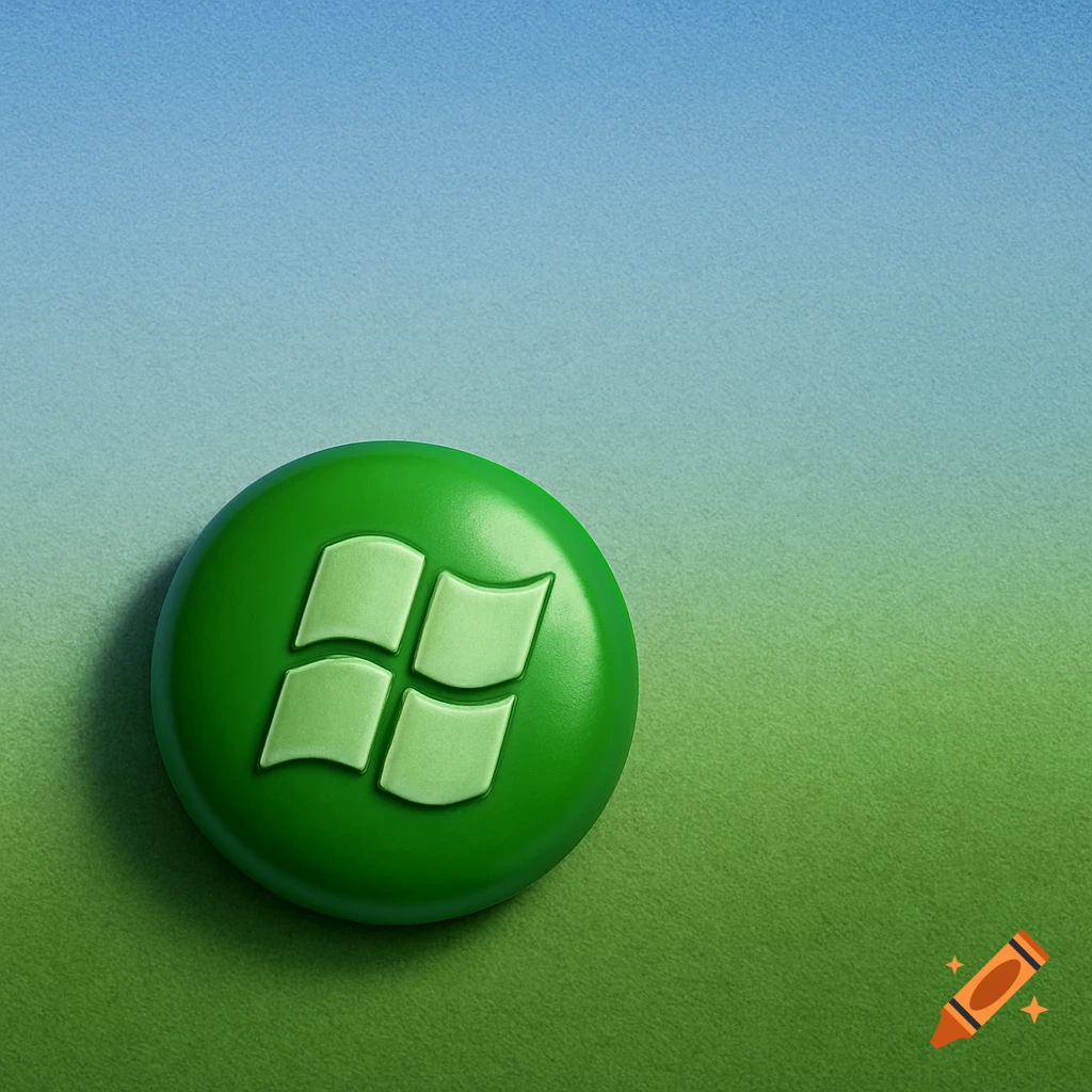 A green, round button with a light green stylized four-pane window logo against a gradient blue and green background.