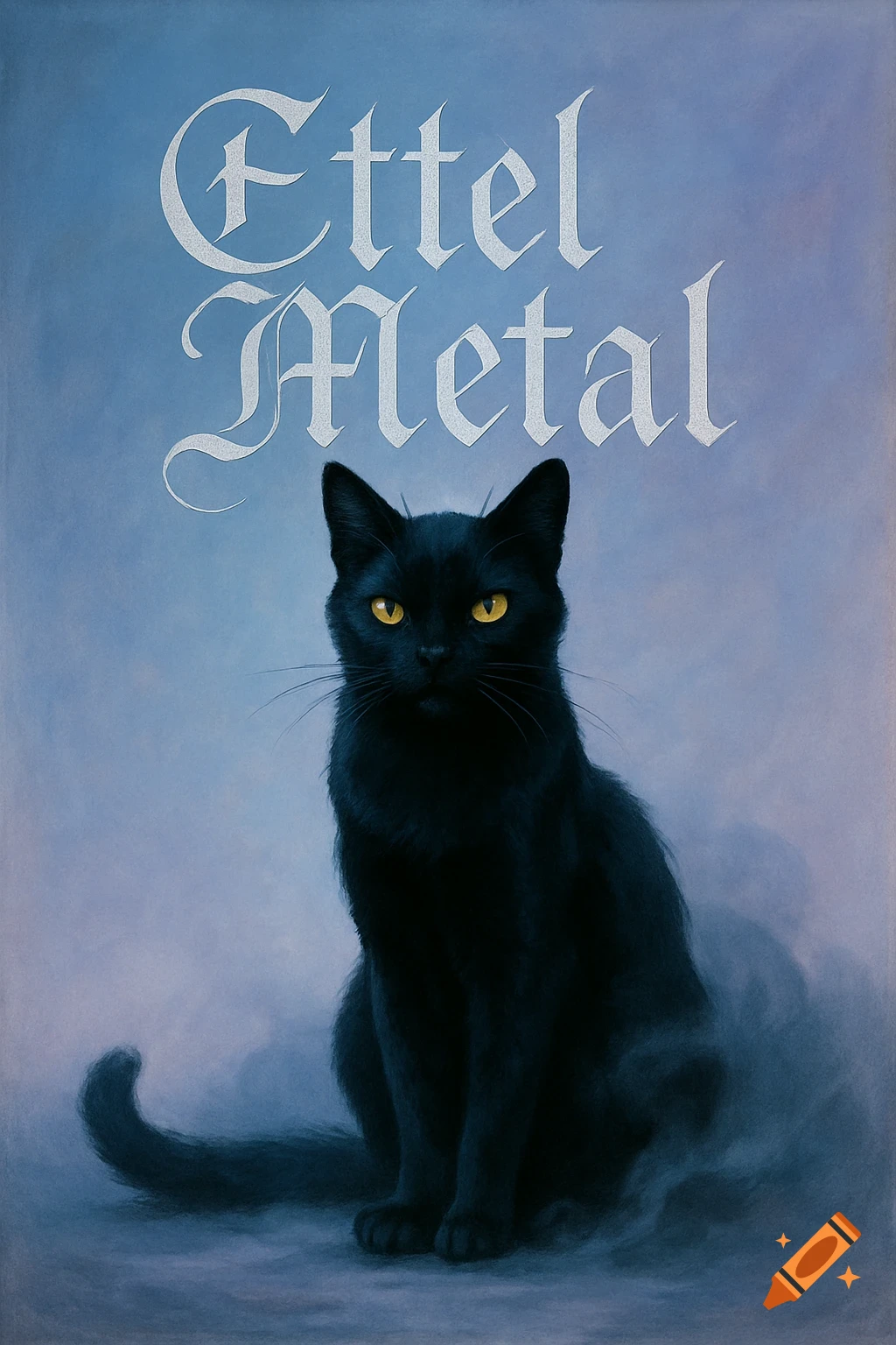 A black cat with bright yellow eyes sits against a soft blue and purple pastel background, with "Ettel Metal" written in white Gothic script above its head.