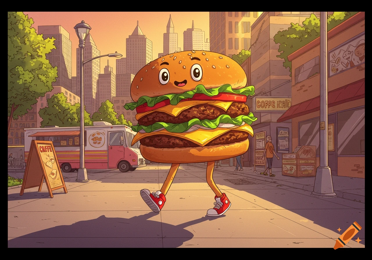 A cute, smiling cartoon hamburger with red sneakers walks down a sunny city street with buildings and a food truck.