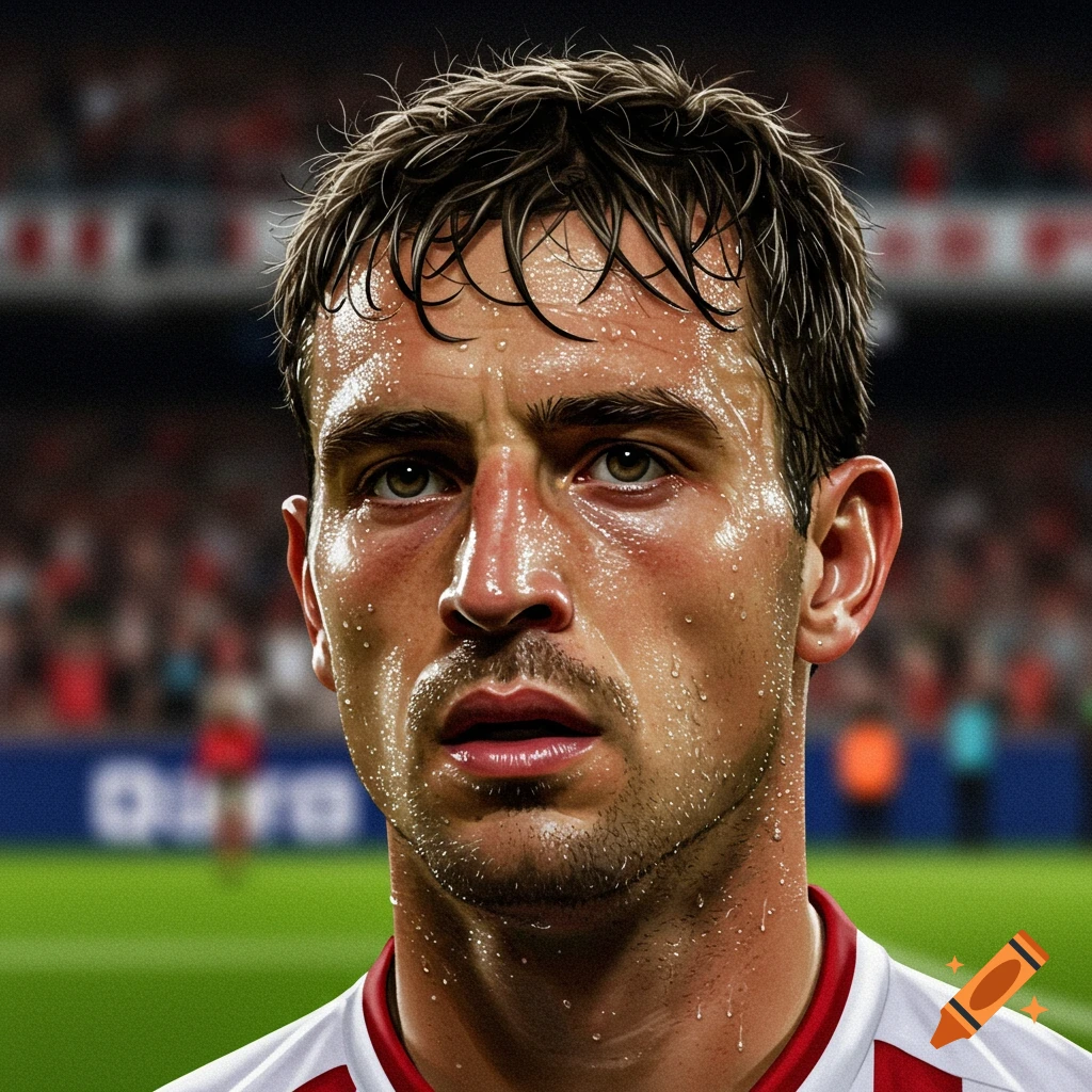 Close-up, photorealistic portrait of a sweating male soccer player in a stadium.