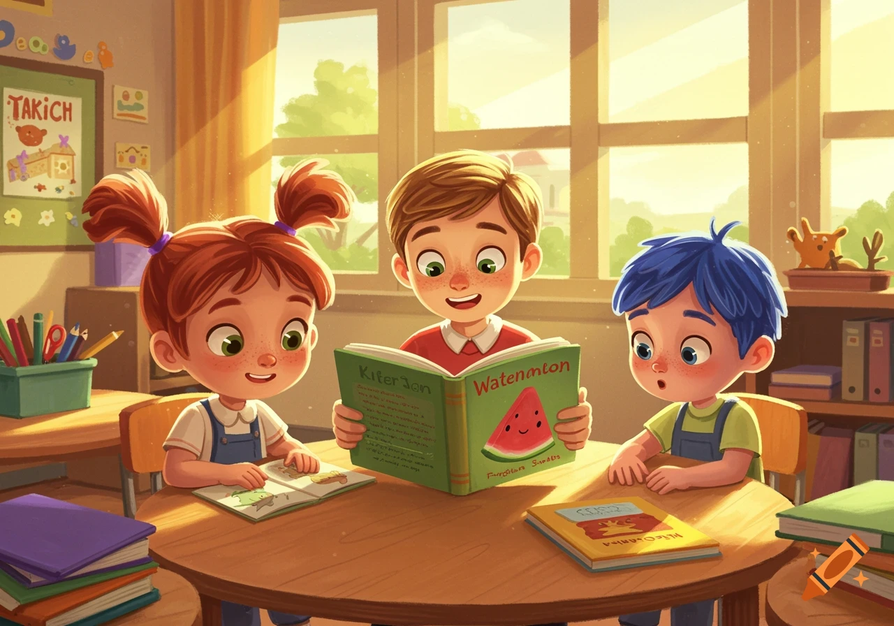 Three cartoon children, two boys and a girl, are sitting around a table in a bright classroom, reading books.