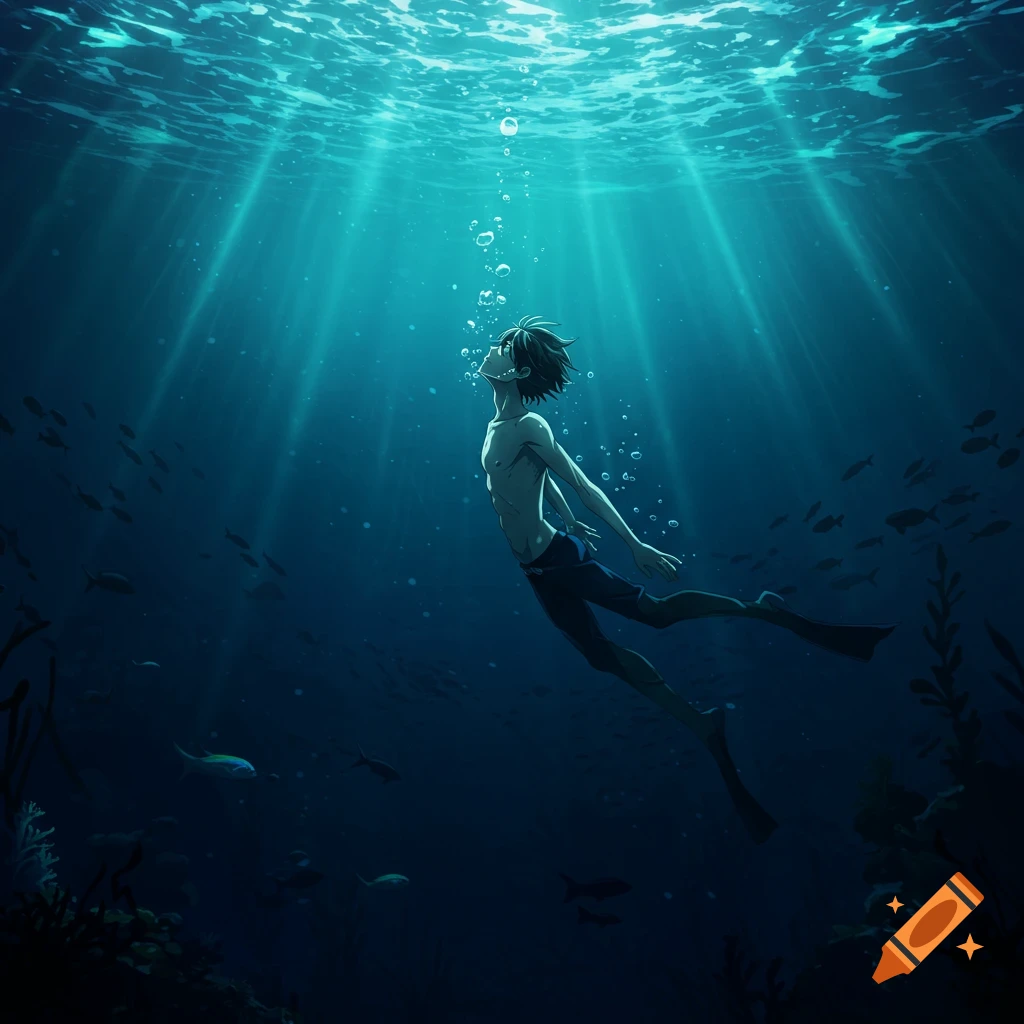 Anime-style illustration of a young man swimming upwards in deep, dark blue ocean water with sun rays beaming down.