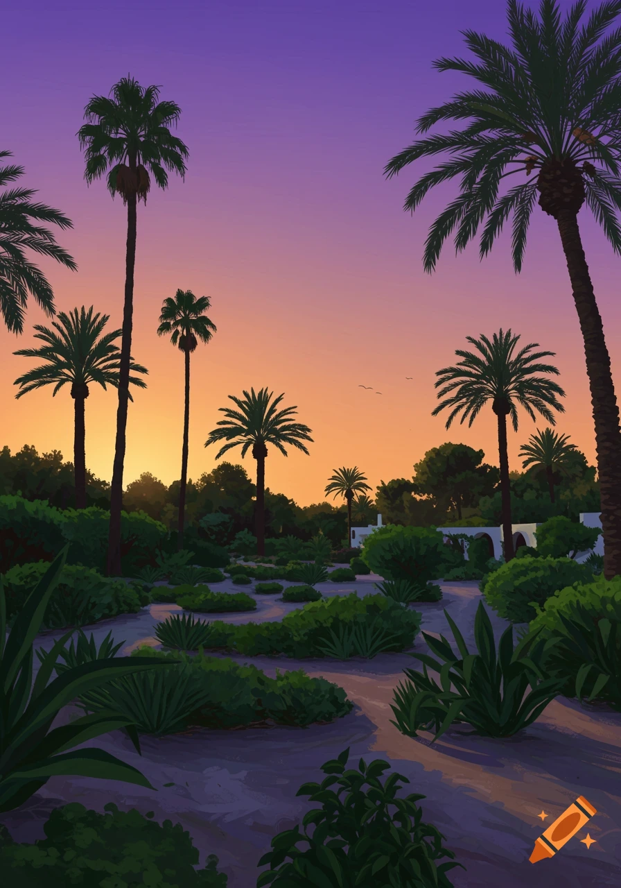 A vibrant illustration of a garden with numerous palm trees silhouetted against a purple and orange sunset sky.