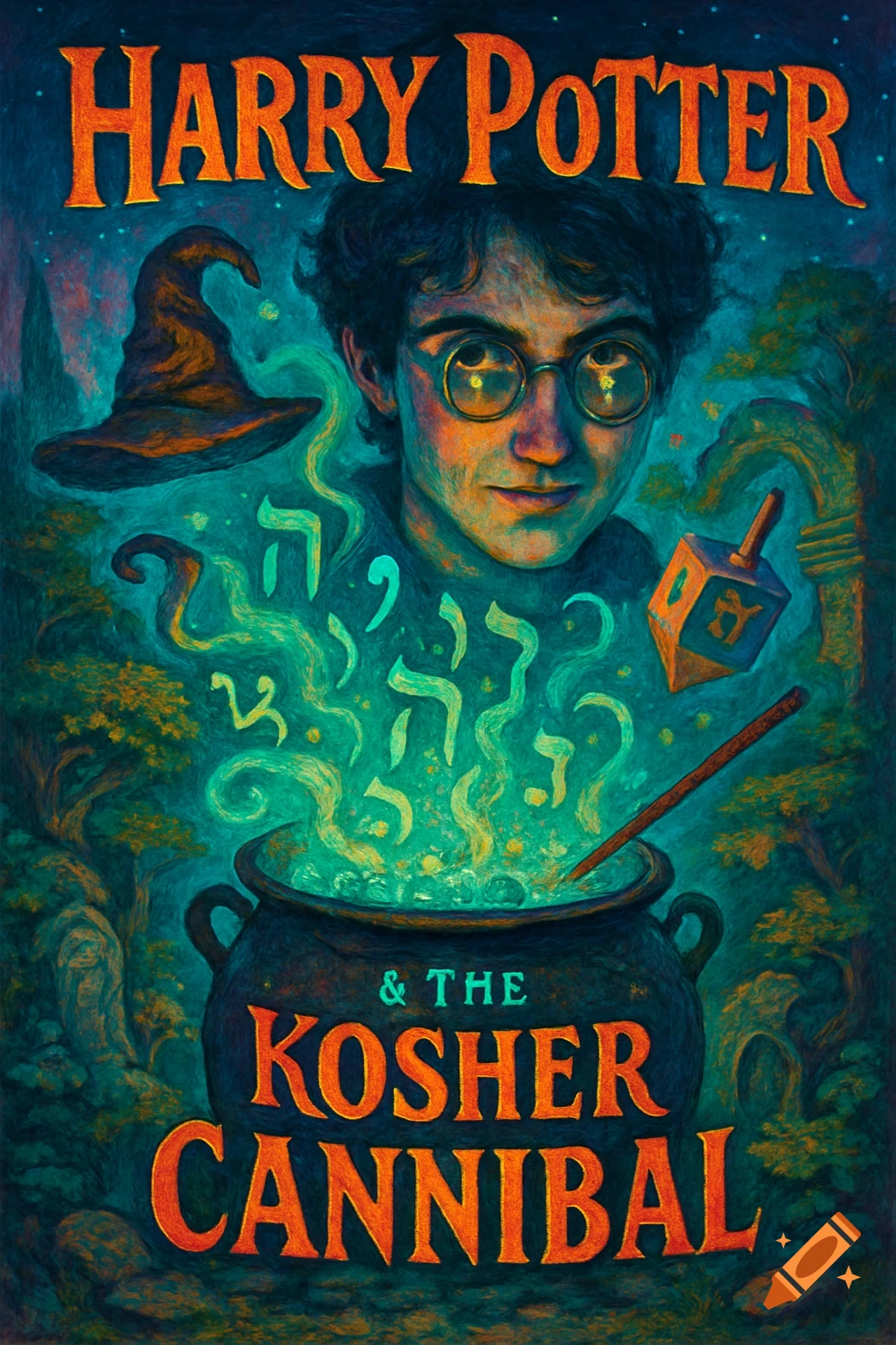 A dark fantasy book cover titled 'Harry Potter & The Kosher Cannibal' featuring a young wizard, a cauldron with glowing green smoke, and a magic hat.
